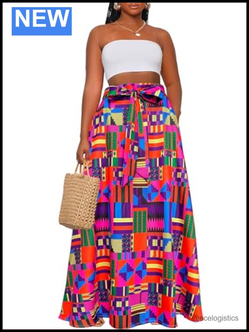 African High Waist Maxi Skirt with Pockets A-Line Pleated Pop